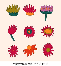 vector set collection of hippie flowers.Summer psychedelic plants in 70s and 80s style. Vibrant groovy and funky botanic.Kidcore rainbow tattoo stickers.Vintage warm cottagecore nostalgia