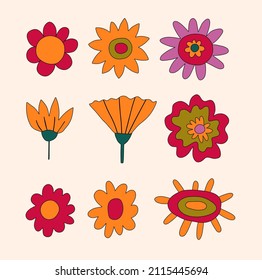 vector set collection of hippie flowers.Summer psychedelic plants in 70s and 80s style. Vibrant groovy and funky botanic.Kidcore rainbow tattoo stickers.Vintage warm cottagecore nostalgia