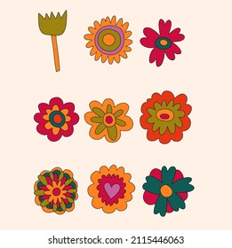 vector set collection of hippie flowers.Summer psychedelic plants in 70s and 80s style. Vibrant groovy and funky botanic.Kidcore rainbow tattoo stickers.Vintage warm cottagecore nostalgia