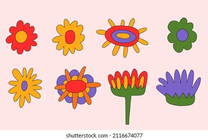 vector set collection of hippie flowers.Summer psychedelic plants in 70s and 80s style. Vibrant groovy and funky botanic.Kidcore rainbow tattoo stickers.Vintage festive spring colorful nostalgia