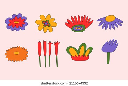 vector set collection of hippie flowers.Summer psychedelic plants in 70s and 80s style. Vibrant groovy and funky botanic.Kidcore rainbow tattoo stickers.Vintage festive spring colorful nostalgia