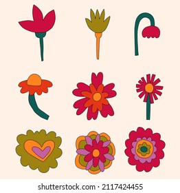 vector set collection of hippie flowers.Summer psychedelic plants in 70s and 80s style. Vibrant groovy and funky botanic.Kidcore rainbow tattoo stickers.Vintage warm cottagecore nostalgia