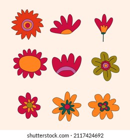 vector set collection of hippie flowers.Summer psychedelic plants in 70s and 80s style. Vibrant groovy and funky botanic.Kidcore rainbow tattoo stickers.Vintage warm cottagecore nostalgia