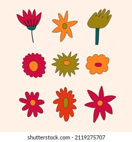 vector set collection of hippie flowers.Summer psychedelic plants in 70s and 80s style. Vibrant groovy and funky botanic.Kidcore rainbow tattoo stickers.Vintage warm cottagecore nostalgia