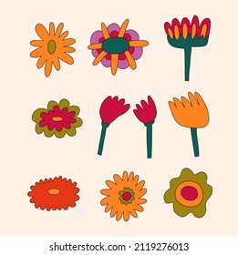 vector set collection of hippie flowers.Summer psychedelic plants in 70s and 80s style. Vibrant groovy and funky botanic.Kidcore rainbow tattoo stickers.Vintage warm cottagecore nostalgia