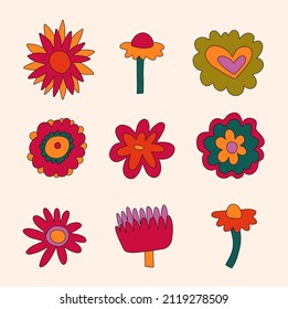 vector set collection of hippie flowers.Summer psychedelic plants in 70s and 80s style. Vibrant groovy and funky botanic.Kidcore rainbow tattoo stickers.Vintage warm cottagecore nostalgia