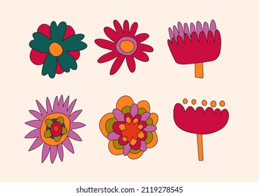 vector set collection of hippie flowers.Summer psychedelic plants in 70s and 80s style. Vibrant groovy and funky botanic.Kidcore rainbow tattoo stickers.Vintage warm cottagecore nostalgia