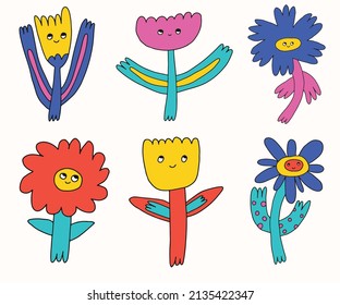 vector set collection of hippie flowers.Summer psychedelic character plants in 70s and 80s style. Vibrant groovy and funky botanic.Kidcore rainbow tattoo stickers.Vintage festive spring nostalgia