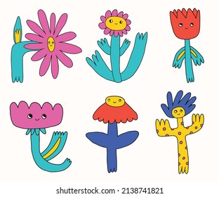 vector set collection of hippie flowers.Summer psychedelic character plants in 70s and 80s style. Vibrant groovy and funky botanic.Kidcore rainbow tattoo stickers.Vintage festive spring nostalgia