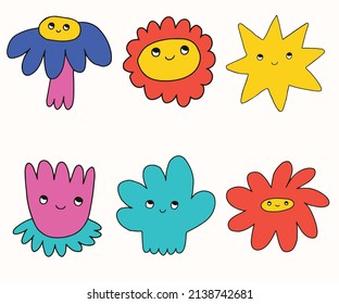 vector set collection of hippie flowers.Summer psychedelic character plants in 70s and 80s style. Vibrant groovy and funky botanic.Kidcore rainbow tattoo stickers.Vintage festive spring nostalgia