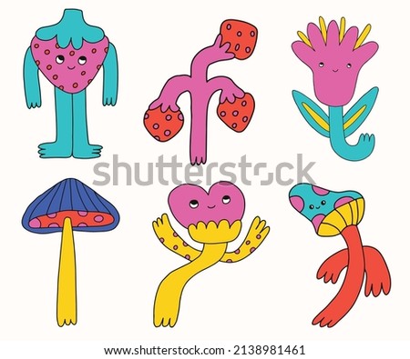 vector set collection of hippie flowers.Summer psychedelic character plants in 70s and 80s style. Vibrant groovy and funky botanic.Kidcore rainbow tattoo stickers.Vintage festive spring nostalgia