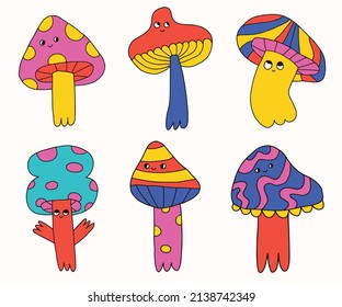 vector set collection of hippie mushrooms.Summer psychedelic character cap in 70s and 80s style. Vibrant groovy and funky fungus.Kidcore rainbow tattoo stickers.Vintage festive spring nostalgia