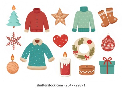 Vector set of collection  holiday icons.sweater, Christmas ornaments, gingerbread cookies, candles, gift, snowman. Kids illustration for Christmas time. Scrapbook collection. Winter greeting card. Hap