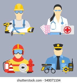 Vector set collection icons of color professions equipment vector illustration