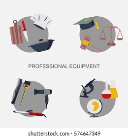 Vector set collection icons of color professions equipment vector illustration