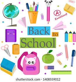 Vector set, collection, illustration with school supplies. Back to School.