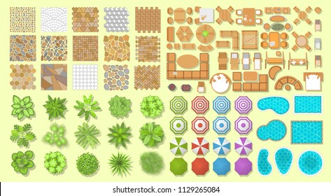 Vector set. Collection for landscape design, plan, maps. (Top view) Palms, swimming pools, pavement, umbrellas, furniture. (View from above) 