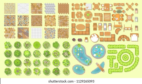 Vector set. Collection for landscape design, plan, maps. (Top view) Trees, pavement, furniture, ponds. (View from above) 