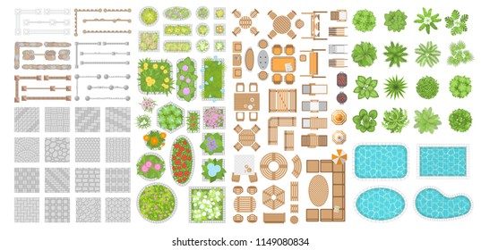 Vector set. Collection for landscape design, plan, maps. (Top view) Trees, flower beds, swimming pools, pavement, fences, furniture. (View from above) 