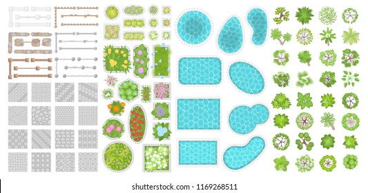 Vector set. Collection for landscape design, plan, maps. (Top view) Trees, flower beds, swimming pools, pavement, fences. (View from above) 