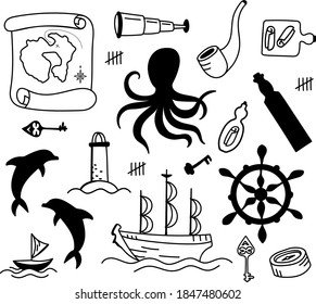 Vector set collection of marine animals web clipart. Funny, cute illustration for children's room decor, stickers, games and postcards. Hand-drawn print and Doodle.