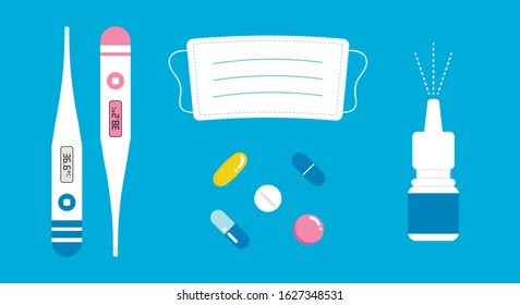 Vector set, collection of medical, health care icons for flu diagnostic and curing.