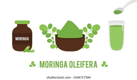 Vector set, collection of moringa oleifera leaves, powder, food supplement, pills isolated on white background for trendy superfood design.