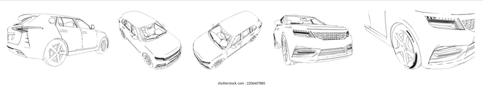 Vector set or collection of an offroad car sketches from different perspectives as a metaphor for  travel and adventure, independence, flexibility and freedom, privacy and safety