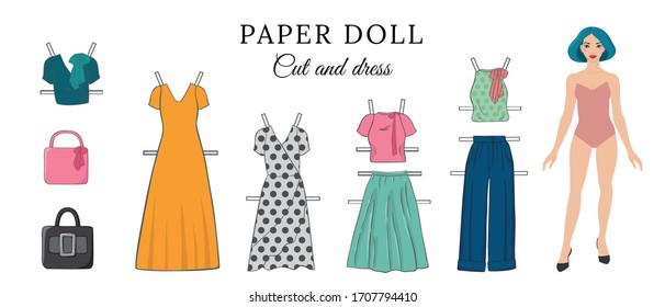 Conjunto de vectores, colección vectorial, muñeca de papel, mujer bonita, conjunto de ropa femenina, corte y vestido, plantilla de ropa, juego para niñas, educación para niñas