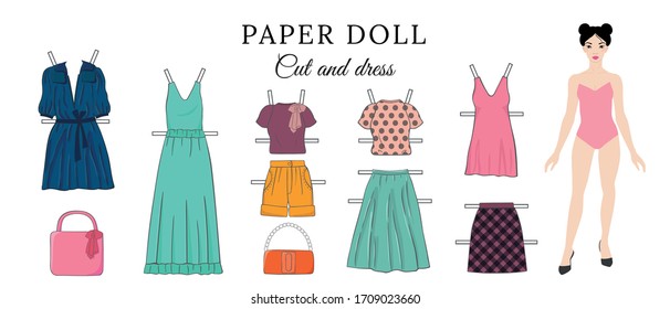 Vector set, vector collection, paper doll, pretty woman, set of female clothes, cut and dress, clothes template, game for girls, education for girls