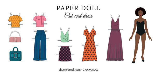 Vector set, vector collection, paper doll, pretty woman, set of female clothes, cut and dress, clothes template, game for girls, education for girls