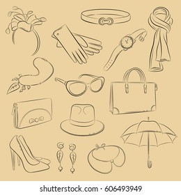 Vector set. Collection of sketch fashionable accessories: scarf, bag, purse, gloves, umbrella, hoop with flower, necklace, hat, collar, wristwatch, belt, shoes, glasses, earrings. Hand drawing style.