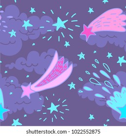 Vector set collection space cosmic design seamless pattern with cute clouds comets and stars