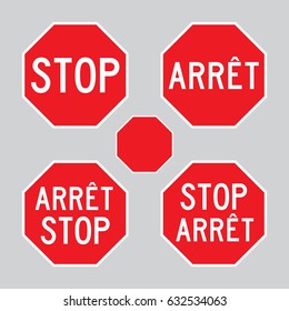 Vector set / collection of Stop Arret Signs. French, English, Bilingual. Also includes a blank octagon stop sign shape.