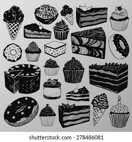 Vector set: A collection of various hand-drawn cakes, sweets, cupcakes and donuts