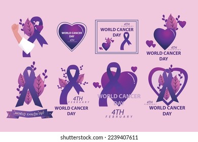 colección de conjuntos de vectores para el día mundial del cáncer con colores púrpura y rosa fáciles de usar para banners de activos, afiches, medios sociales y otros fines