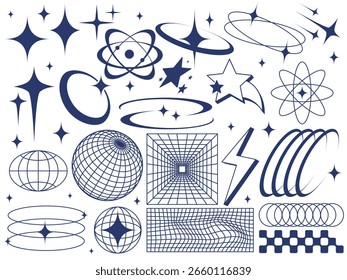 vector set of collection of Y2K-style retro futuristic elements, including atomic symbols, stars, rings, grids, lightning bolts, and spheres with clean monochrome colors
