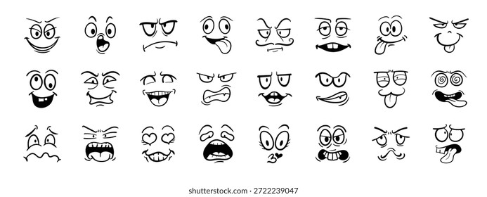 colecciones de conjunto de Vector. Expresión de la cara del doodle de la historieta. Cara cómica emocional con ojos, boca, lengua y dientes. Personajes felices, tristes y enojados por las emociones.