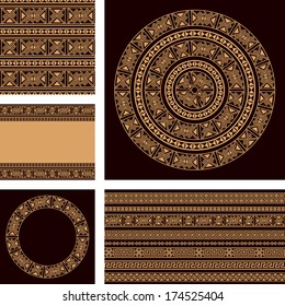 Vector set collections of ethnic Greece design elements. Ornamental seamless pattern, round pattern, frame and borders in one mega pack.