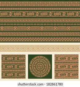 Vector set collections of ethnic Greece design elements. Ornamental seamless pattern, textures, round pattern and borders in one mega pack. 