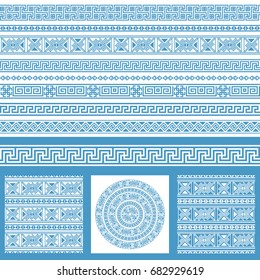 Vector set collections of ethnic Greece design elements. Blue and white ornamental seamless patters and borders in one mega pack.