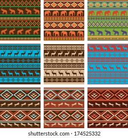 Vector set collections of nine 9 colorful ornamental ethnic seamless pattern with silhouette animals.