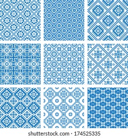 Vector Set Collections Of Nine 9 Blue And White Ornamental Ethnic Seamless Patterns