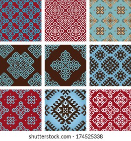 Vector set collections of nine 9 most popular bright ornamental ethnic damask seamless pattern on blue, red, brown colors.