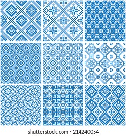 Vector set collections of nine 9 blue and white ornamental ethnic seamless patterns 