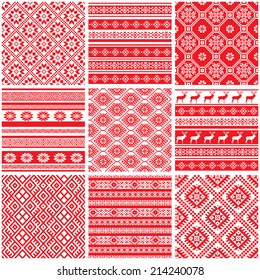 Vector set collections of nine 9 nine red and white ornamental ethnic seamless patterns 