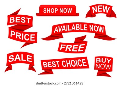 Conjunto de Vector colecciones de vibrantes cintas rojas Anuncios para ofertas promocionales Venta Mejor Precio Nuevo Disponible Ahora Libre Mejor Opción Comprar Ahora Aislado de alta calidad Archivo EPS para la comercialización