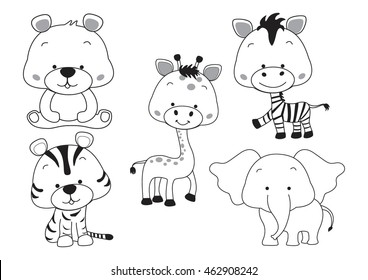 vector set collection,set of cute cartoon wild animals with black stroke