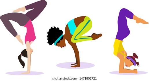 Vector set, collection.Young slim girls doing sport,yoga,fitness,gymnastics,stretching . Vector flat illustration. Graceful, elegant pose, position.