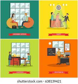 Vector set of college posters. Common room, Disco party, Canteen and Professor flat style design elements.